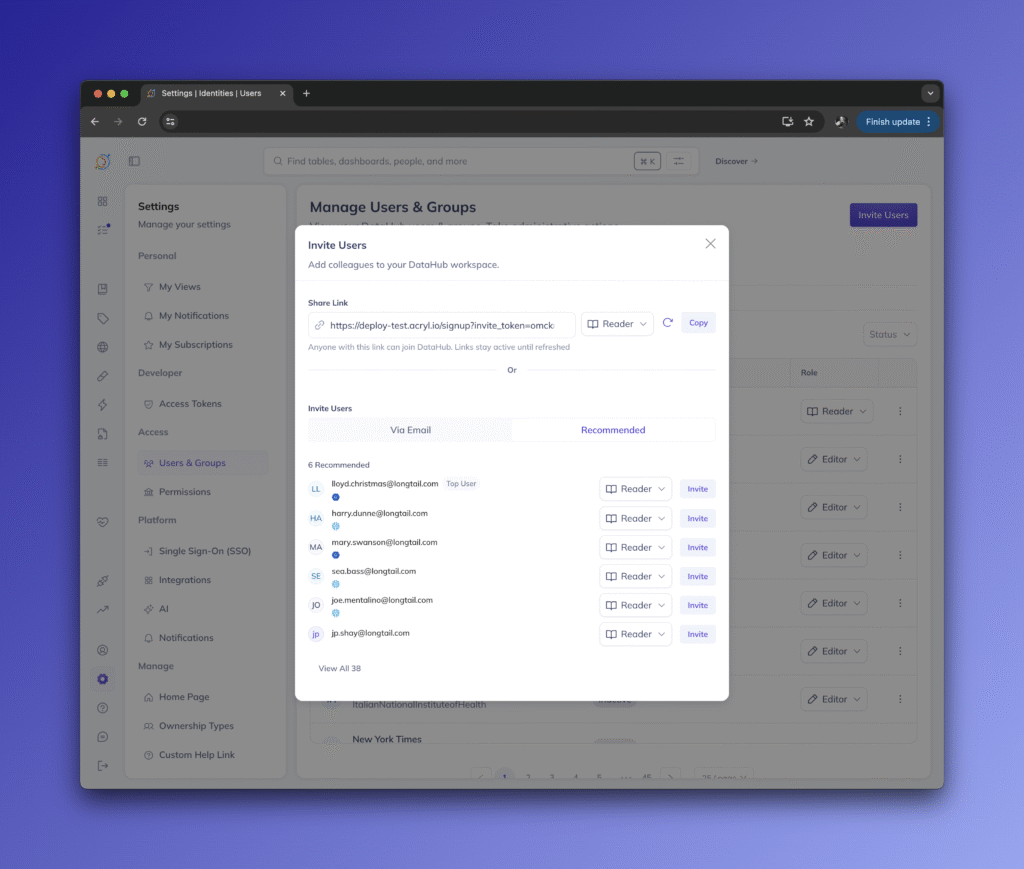 Screenshot of DataHub UI showing the user invite recommendations screen.