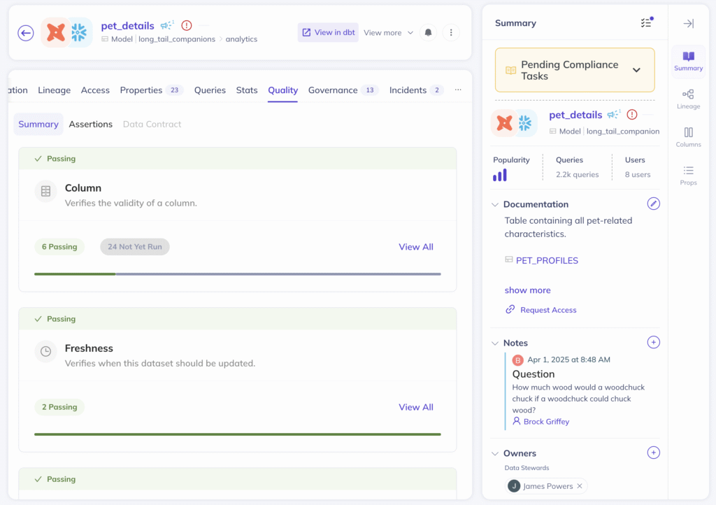 Screenshot of DataHub UI showing data quality summary view, which displays the total count of assets with pending compliance tasks in a clickable card that navigates users to the Task Center for reviewing and completing those tasks.