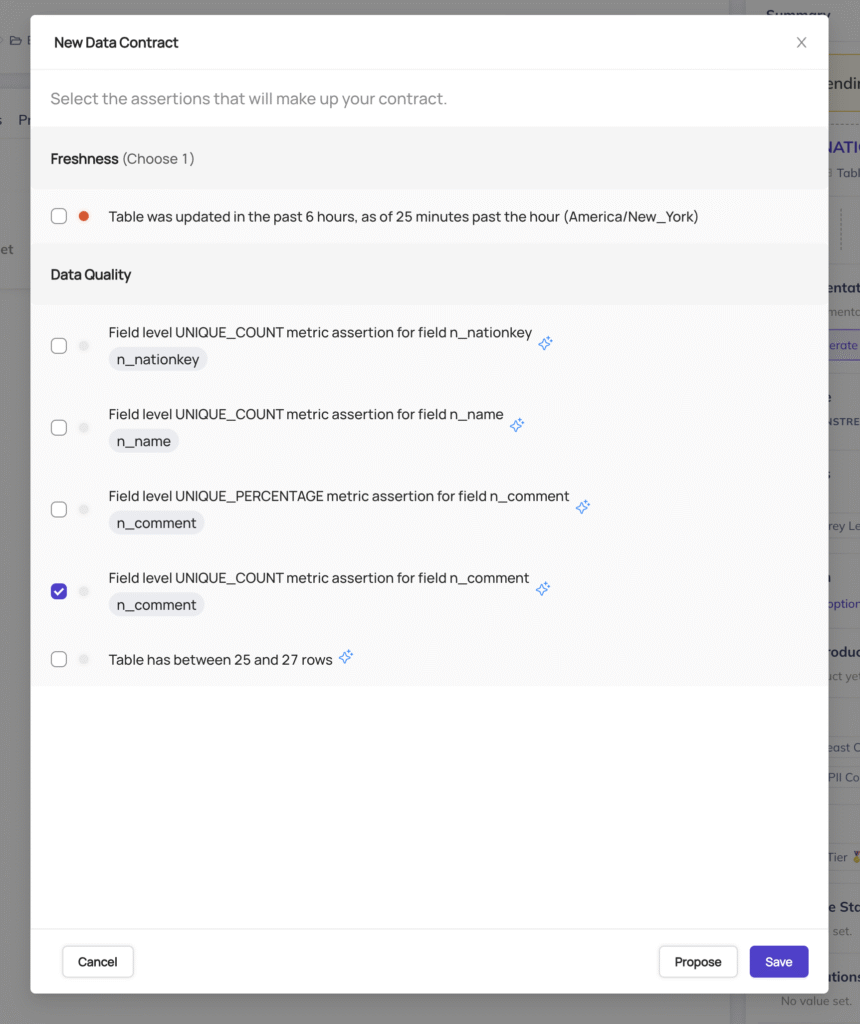 DataHub interface showing data contract builder with selectable assertion options to define data quality standards for downstream consumers.