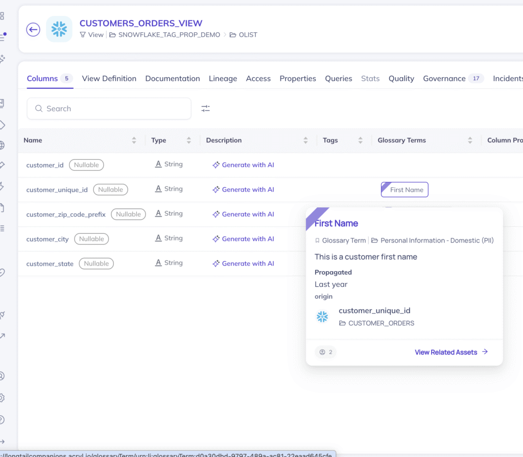 Screenshot of DataHub UI showing column-level PII tags propagating from upstream to downstream data assets.