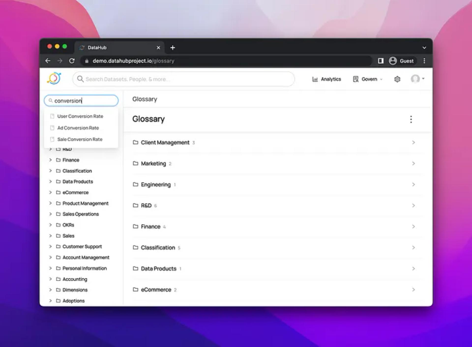 Search and navigate within the Glossary Term Browser