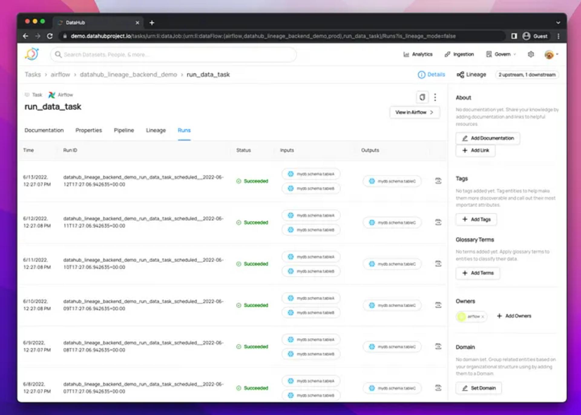 DataHub UI detailing information of transformation runs on a data task