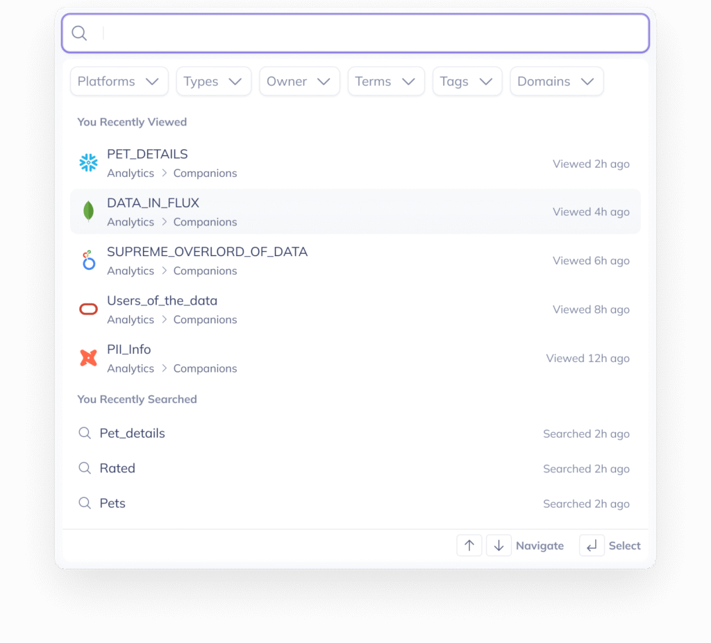 Screenshot of DataHub’s redesigned search bar featuring a modern, streamlined UI.