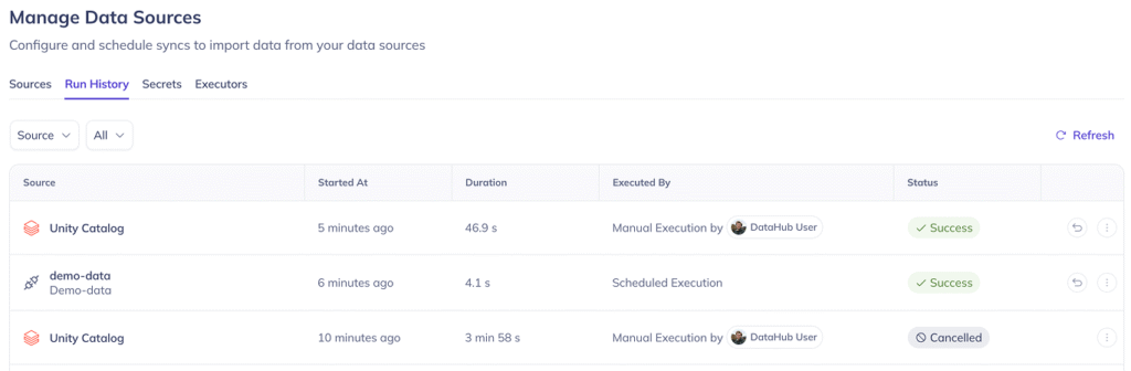 Screenshot from DataHub showing the “Manage Data Sources” interface, with the “Run History” tab selected. This section allows users to configure and schedule syncs to import metadata from connected data sources. The Run History tab displays details of past sync executions, including status and timestamps.