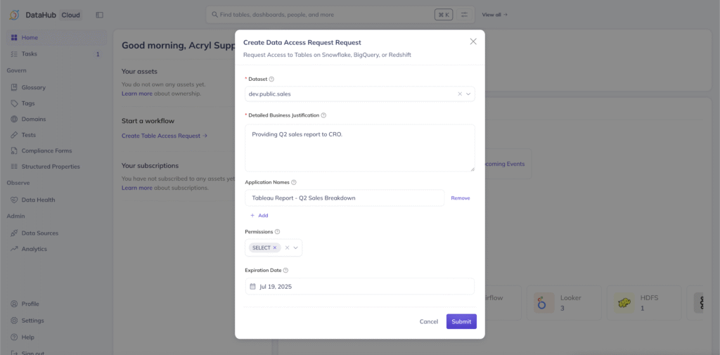 Screenshot of DataHub's data access request workflow showing a form with multiple input fields. The interface includes a dropdown menu for selecting the relevant dataset, a large text box for entering detailed business justification, fields for adding or removing application names, permission selection options, and a date picker for setting an expiration date.
