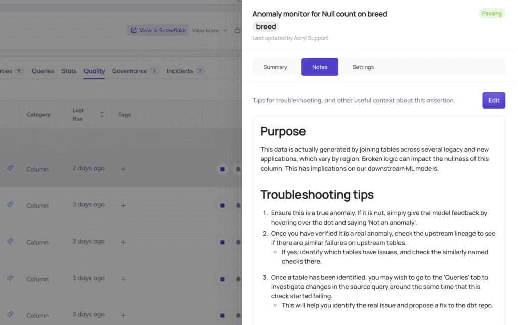 Screenshot of DataHub UI demonstrating the ability to add custom notes to Smart Assertions.