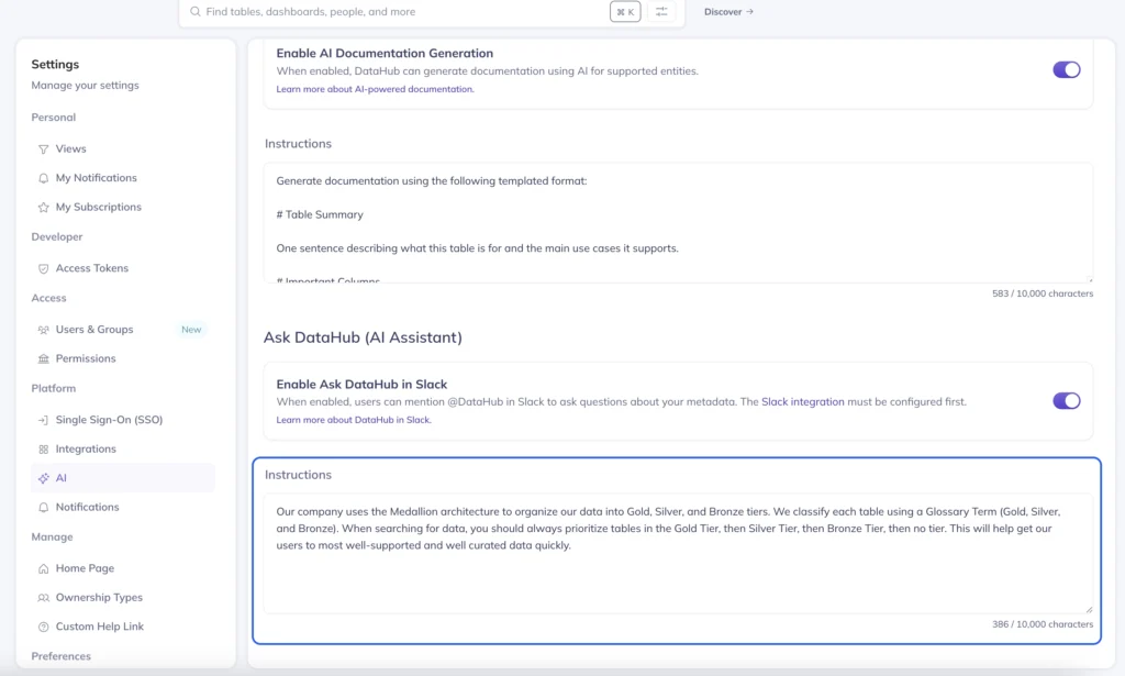 DataHub UI screenshot showing custom instructions being added to Ask DataHub AI Assistant configuration.