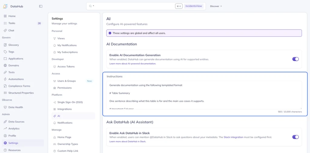 DataHub UI screenshot showing custom instructions being added to AI Documentation configuration.