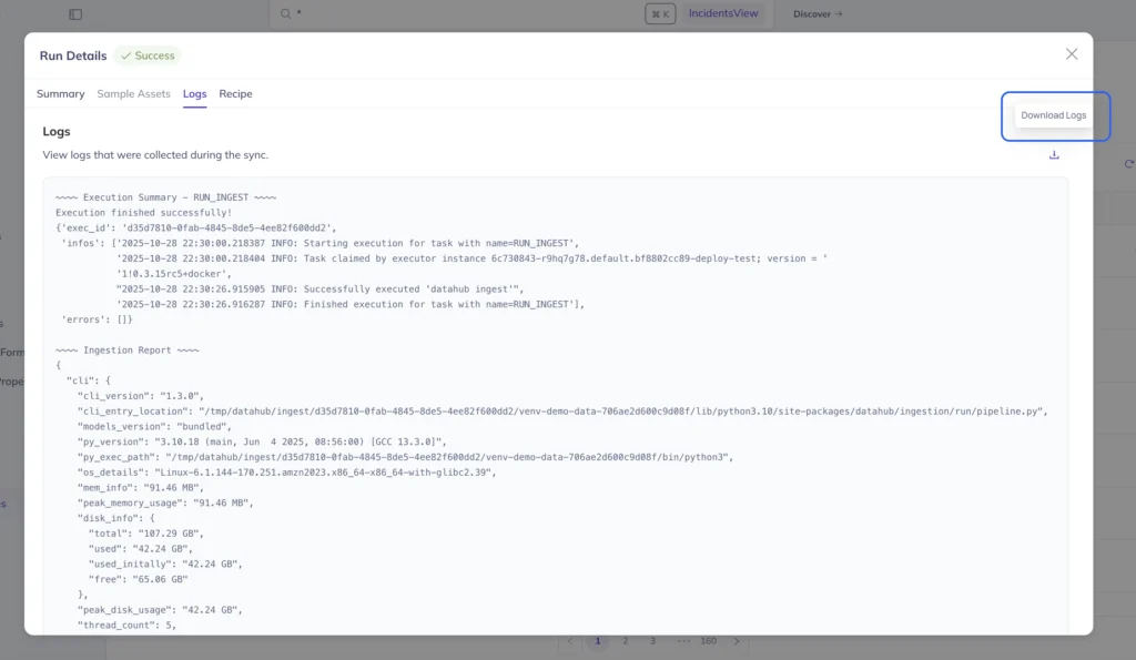 DataHub UI screenshot showing the "Download Logs" button for downloading complete ingestion logs directly from the interface.