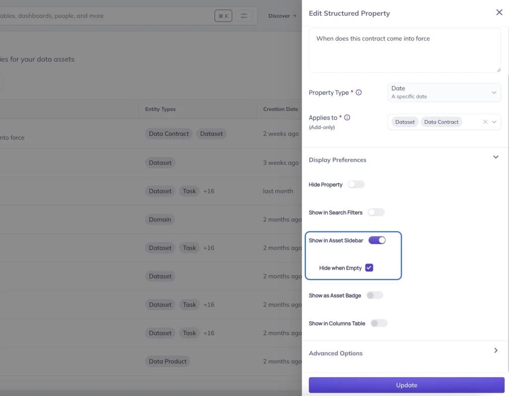 Screenshot 2025-10-29 at 3.22.28 PM.png DataHub UI screenshot showing structured property configuration with "Show in asset sidebar" toggle and "Hide when empty" checkbox options.