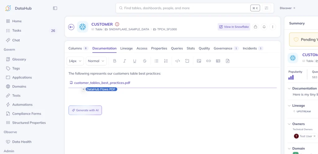 DataHub UI screenshot showing user adding a PDF document to DataHub asset documentation through the file upload interface.
