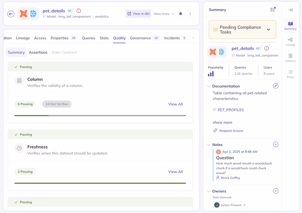 Screenshot of DataHub UI showing data quality summary view, which displays the total count of assets with pending compliance tasks in a clickable card that navigates users to the Task Center for reviewing and completing those tasks.