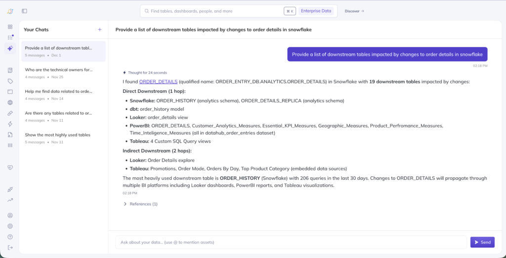 Screencap showing DataHub enabling conversational data discovery directly in DataHub, allowing users to ask natural language questions and receive instant answers with lineage context.