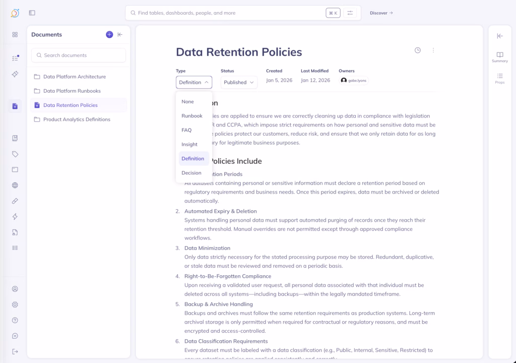 DataHub interface displaying a Context Document titled "Data Retention Policies" with organizational guidelines and best practices.