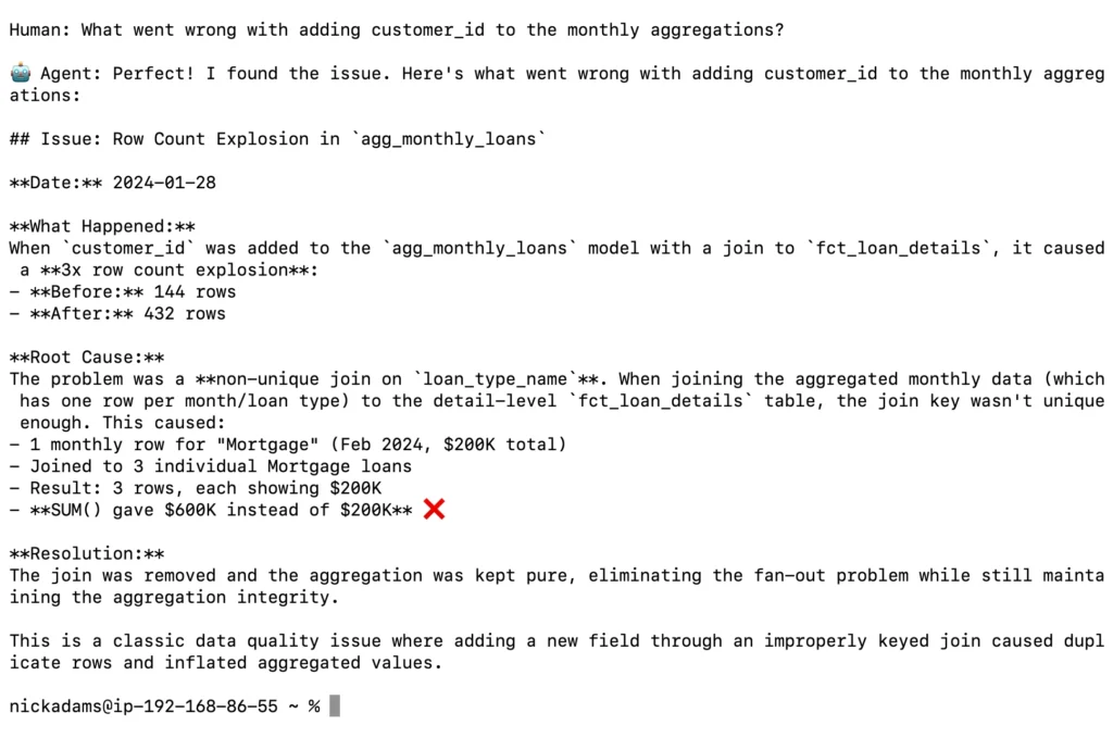Screenshot of a conversation between a human and a LangChain AI agent demonstrating intelligent troubleshooting using DataHub context. The human asks 'What went wrong with adding customer_id to the monthly aggregations?' and the agent provides a detailed root cause analysis. This demonstrates how the LangChain agent can reason through complex data quality issues by leveraging DataHub's metadata context to quickly identify and explain problems.