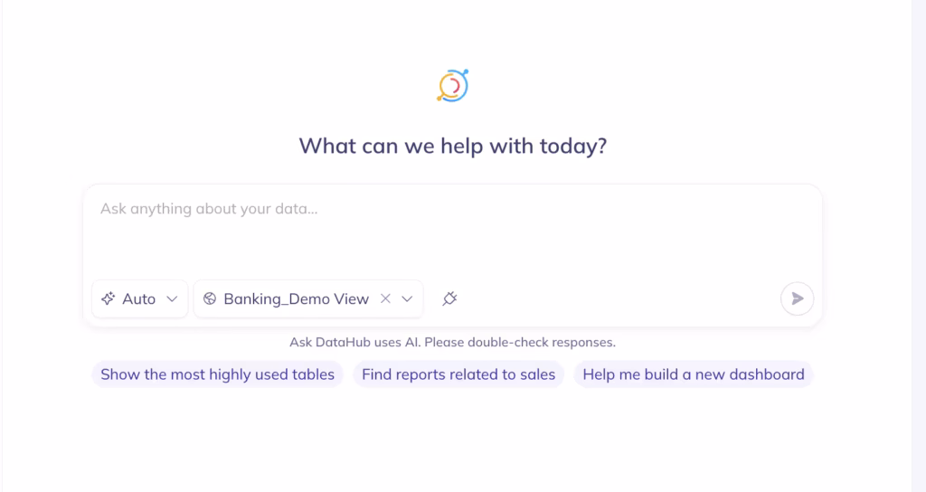 The Ask DataHub home screen with a central search bar labeled "Ask anything about your data…" and suggested prompts including "Show the most highly used tables," "Find reports related to sales," and "Help me build a new dashboard."