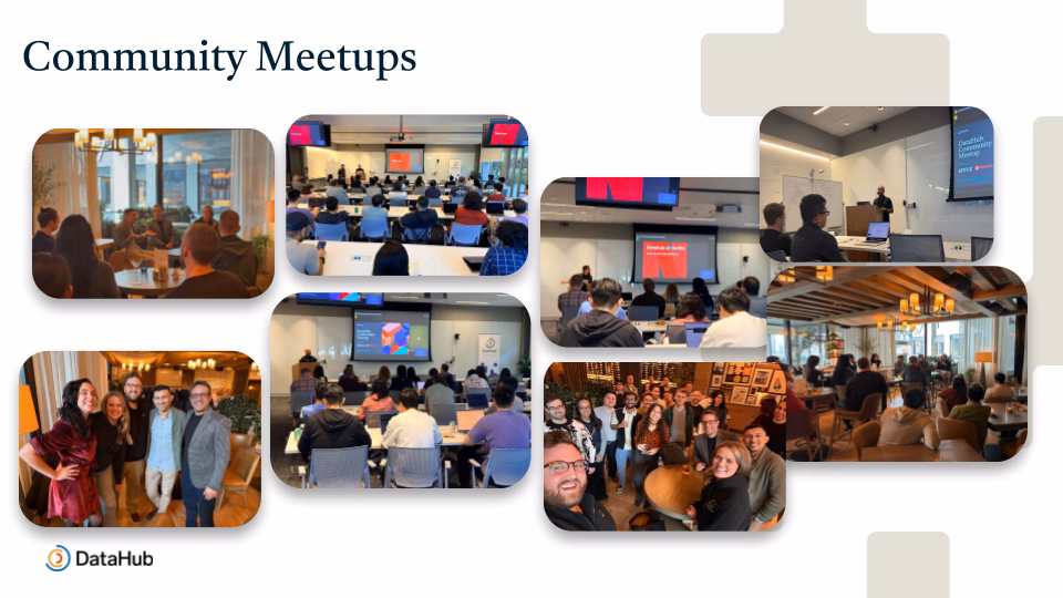 Data practitioners attending DataHub meetups, engaging in panel discussions and networking sessions