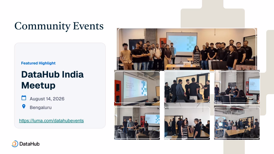Attendees and the DataHub team gathered at the DataHub India meetup in Bengaluru on August 14, 2026, standing together in front of a screen showing the DataHub Bengaluru Meetup slide, with smaller photos of talks and networking.